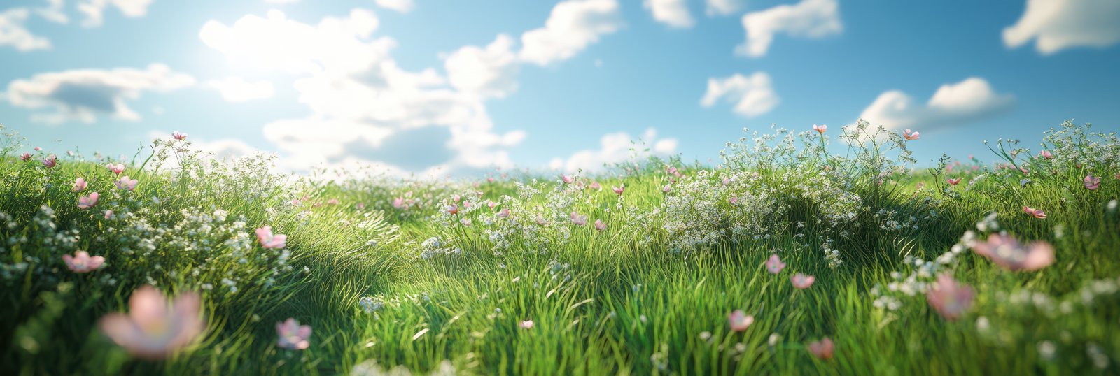 A vibrant field of tall green grass is alive with delicate white and pink wildflowers